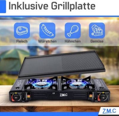 Rechaud a gaz de camping 2 feux avec 4 cartouches 227g plaque de cuisson et adaptateur GPL 2,5 kW
