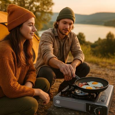Réchaud à Gaz Portable INTEC ETNA 2200W + Plancha + 4 Cartouches – Allumage Piézo, Mallette Incluse, Idéal Camping, Randonnée & Chantier