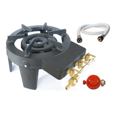 Rechaud à gaz en Fonte véritable 4 pieds 2 bruleurs + Tuyau gaz à vis 1.50m + Détendeur Propane TRIGLAV 9800