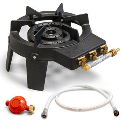 Rechaud à gaz en Fonte véritable 9,8 KW 4 pieds 2 bruleurs + Tuyau gaz à vis 1.50m + Détendeur Propane TRIGLAV