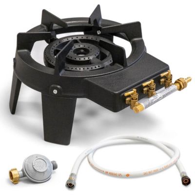 Rechaud gaz fonte véritable 9.8 KW 4 pieds 3 robinets + Tuyau gaz 1.50m et Détendeur Butane