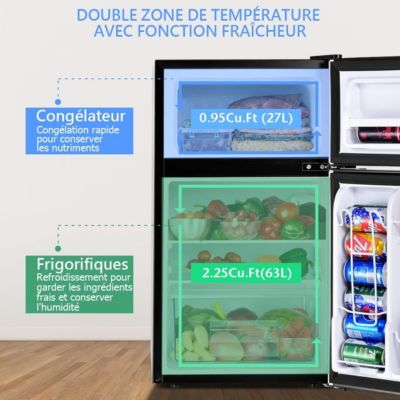 Refrigerateur 90 L Combine Refrigerateur 63L avec Temperature Reglable Congelateur 27L