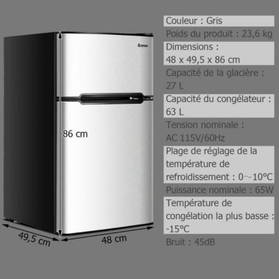 Refrigerateur 90 L Combine Refrigerateur 63L avec Temperature Reglable Congelateur 27L