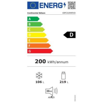Refrigerateur - Frigo  congélateur bas - CONTINENTAL EDISON - 325L - Total No Frost - distributeur d'eau- Inox - Classe D