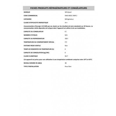 Refrigerateur une porte  SW8 AM2C XWR 2  whirlpool brasse congélateur en bas 359 L