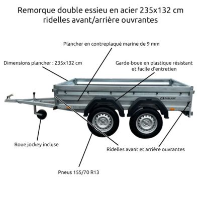Remorque double essieu acier 235 cm ridelles ouvrantes 235T | Castorama