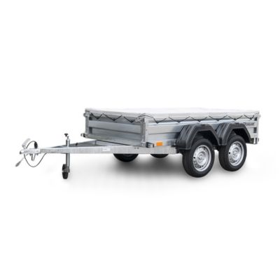 Remorque double essieu en acier 235 cm ridelles avant/arrière ouvrantes 235T Bâche plate