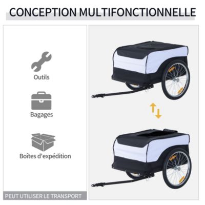 Remorque vélo cargo - housse amovible, attelage inclus - charge max. 40 Kg - acier oxford noir blanc