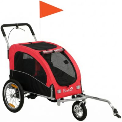 Remorque vélo jogger 2 en 1 pour animaux drapeau roue avant pivotante réflecteurs et barre d'attelage inclus rouge noir