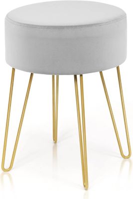 Repose Pieds Rond Moderne en Velours Siege de Coiffeuse Ottoman avec Pieds en Metal Dore pour Salon Chambre Gris