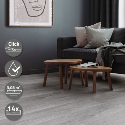 Revêtement de sol à clic en PVC ML-Design 3,08m²/14 planches 122x18cm gris chêne windswell hickory