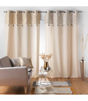 Rideau 140x240cm imprimé metallisé avec pompons - 140x240cm - Doré
