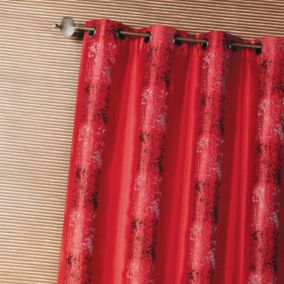 Rideau d'ameublement shantung brodé motif éthnique (140x260 cm - Rouge Orangé)