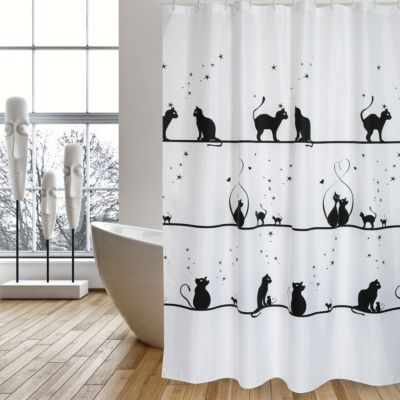 Rideau de douche L.180 x H.200 cm blanc et noir, motifs chats, en polyester Msv Kittens