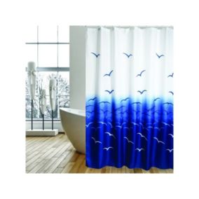 Rideau de douche Polyester 180x200cm Mouettes Bleu  Blanc  Anneaux inclus MSV