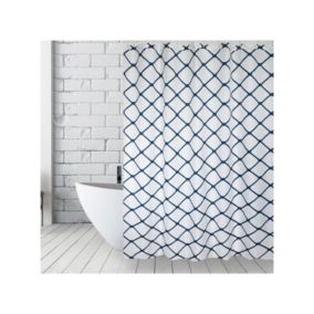 Rideau de douche Polyester GRANADA 180x200cm QUALITE PREMIUM Blanc  Bleu  Anneaux inclus MSV