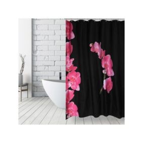 Rideau de douche Polyester LANYU 180x200cm Motif Fleurs Noir  Rose  Anneaux inclus MSV