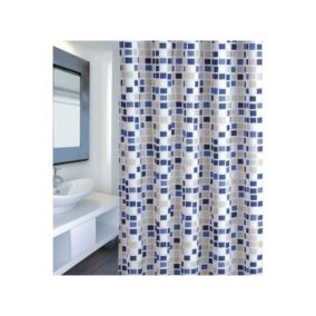 Rideau de douche Polyester MOSAIKO 180x200cm QUALITE PREMIUM Bleu  Anneaux inclus MSV