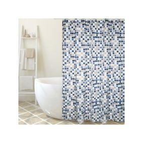 Rideau de douche Polyester MOSAIKO 180x200cm QUALITE PREMIUM Bleu  Beige  Anneaux inclus MSV