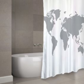 Rideau de douche Polyester WORLD 180x200cm QUALITE PREMIUM Gris  Blanc  Anneaux inclus MSV