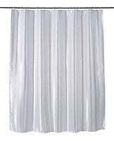 Rideau de douche tissu blanc décor bande satin argent 180 x 200 cm Pasni