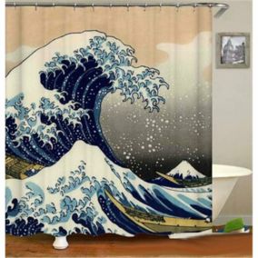 Rideau de douche à vagues Kanagawa, ensemble de rideaux de douche en tissu à vagues, décoration de salle de bain avec crochets