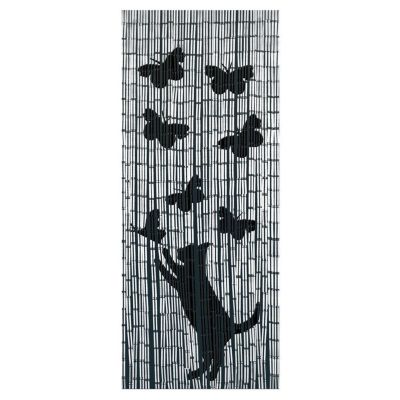 Rideau de porte en bambou à motifs chat et papillon Gris, l. 90 x H. 200 cm