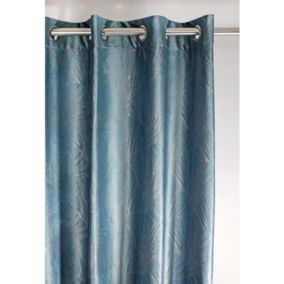 Rideau imprimé feuillage argent - 140x260cm - Bleu jean