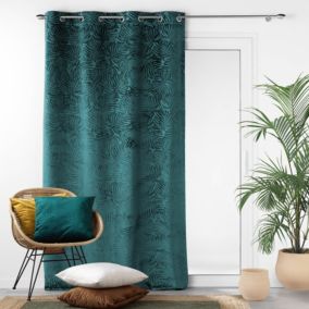 Rideau occultant en velours feuilles de monstera (140x240 cm - Bleu)