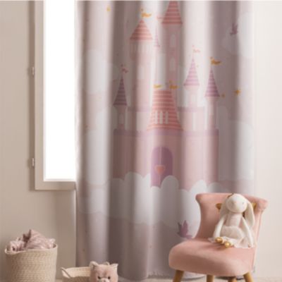 Rideau occultant motif château pour enfant (135x260 cm - Rose Clair)