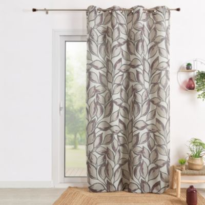 Rideau poly-lin imprimé feuilles aquarelle (140x260 cm - Prune)