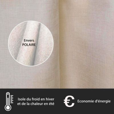 Rideau Thermique effet Lin chiné doublé polaire ton sur ton à œillets 135x240cm prêt a poser, kaki clair