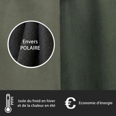 Rideau Thermique suédine doublé Polaire 140x240cm, Prêt a Poser, Kaki