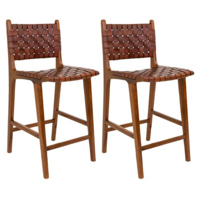 RIMINI - Lot de 2 Chaises Hautes en Teck et Lanières Cuir Marron