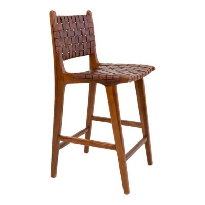 RIMINI - Lot de 2 Chaises Hautes en Teck et Lanières Cuir Marron