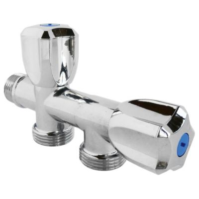 Robinet à clapet à double sorties pour l'alimentation de 2 machines à laver, Entrée Mâle 1/2" - Double sortie Mâle 3/4" Somatherm for you