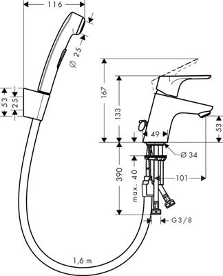 Robinet bidet avec douchette HANSGROHE Focus sans tirette ni vidage Chromé