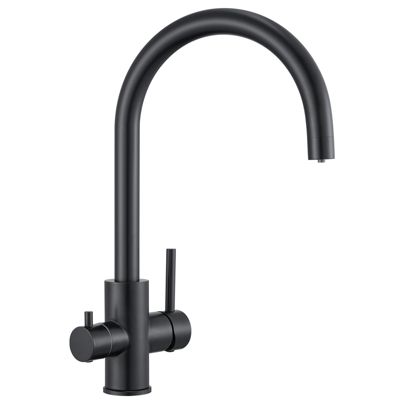 Robinet Cuisine 3 Voies Inox 304 Noir Mat - Mitigeur 3 en 1 pour Eau Filtrée Chaud/Froid, Bec Pivotant 360, Double Commande