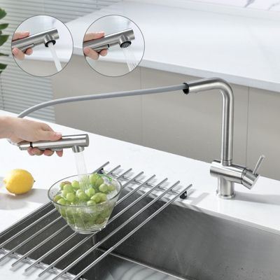 Robinet Cuisine avec Douchette Extractible, Mitigeur de Cuisine en Inox Mitigeur d'Évier avec 2 Modes de Sortie D'eau, Brossé