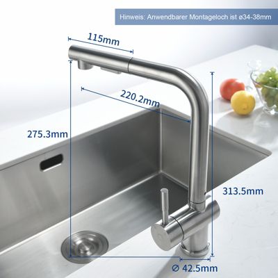 Robinet Cuisine avec Douchette Extractible, Mitigeur de Cuisine en Inox Mitigeur d'Évier avec 2 Modes de Sortie D'eau, Brossé