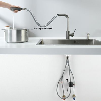 Robinet Cuisine avec Douchette Extractible, Mitigeur de Cuisine en Inox Mitigeur d'Évier avec 2 Modes de Sortie D'eau