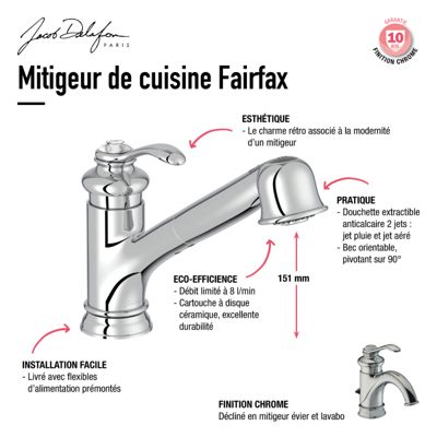 Robinet cuisine bas avec douchette extractible  JACOB DELAFON  Fairfax chrome