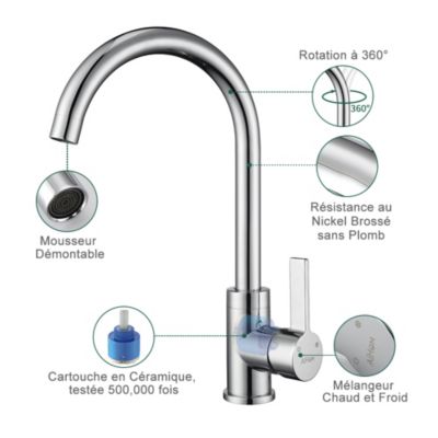 CECIPA Mitigeur De Cuisine En Acier Inoxydable Brossé, Robinet Cuisine Avec Bec