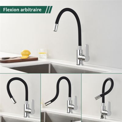 Robinet Cuisine Mémoire de Forme Mitigeur d'évier Courbe en Silicone Noir Mitigeur Cuisine Flexion Arbitraire Pivotant 360 degrés