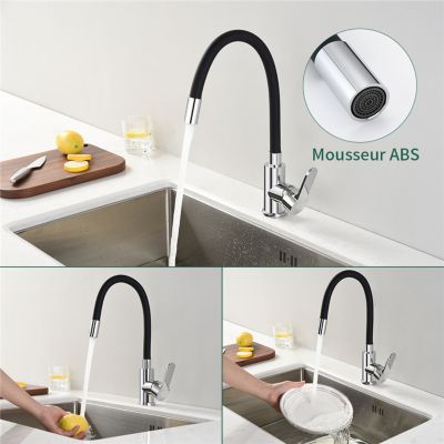 Robinet Cuisine Mémoire de Forme Mitigeur d'évier Courbe en Silicone Noir Mitigeur Cuisine Flexion Arbitraire Pivotant 360 degrés