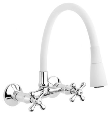 Robinet Cuisine Mitigeur Blanc Mural Manettes Croisillons Roma Bec Flexible