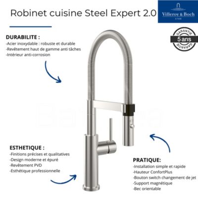 Robinet cuisine VILLEROY ET BOCH Steel expert 2.0 acier massif