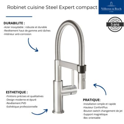 Robinet cuisine VILLEROY ET BOCH Steel expert compact acier massif