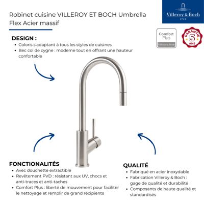 Robinet cuisine VILLEROY ET BOCH Umbrella flex acier massif