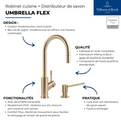 Robinet cuisine VILLEROY ET BOCH Umbrella flex + Distributeur de savon Or mat